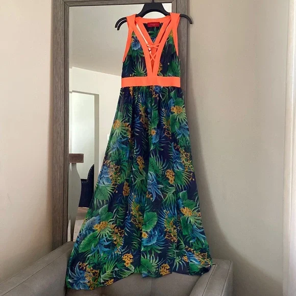 AKIRA | Dresses | Akira Red Label M Racerback Neck Sheer Tropical Floral Maxi  Dress Beautiful | Poshmark